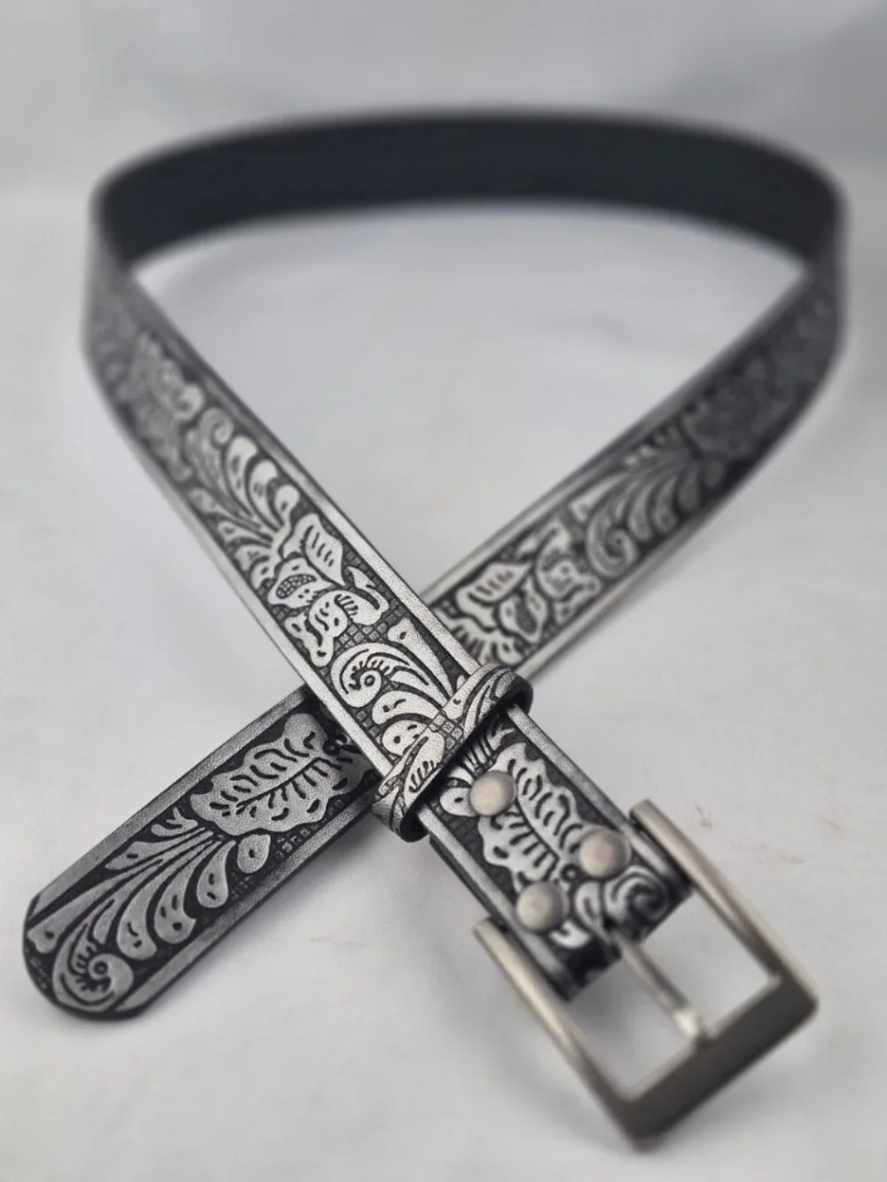 Silver-Tone Floral Embossed Black Leather Belt Western Cowboy Size XL
